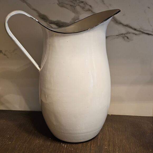 Primitive Antique Porcelain Enamel Water/Milk Pitcher White and Black - Picture 3 of 6